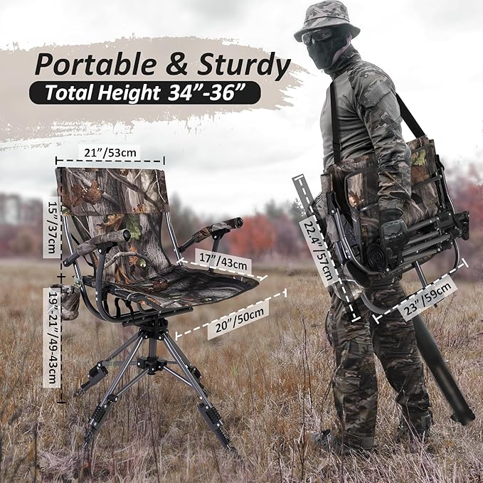REDCAMP 360° Swivel Hunting Chair with Adjustable Feet for Ground Blinds, Portable Folding Camo Camping Chairs for Adults Hunting Seats with Hard Arms for Fishing Camping