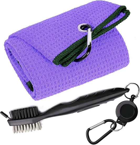 Golf Towels, Microfiber Waffle Pattern Tri-fold Golf Towel - Brush Tool Kit with Club Groove Cleaner, with Clip Men Women Golf Gifts (Purple Towel+Black Brush)