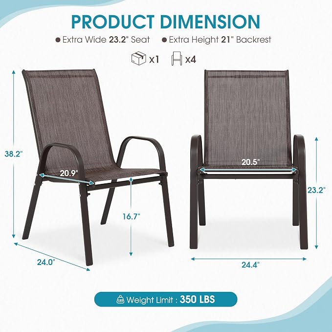 24.4" Wide Outdoor Stackable Chairs Set of 8 | Stacking Patio Chairs - Image 3
