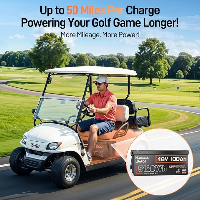 HumsiENK 48V 100Ah Golf Cart LiFePO4 Lithium Battery Bluetooth Monitor with 15A Charger, 15000+ Cycles Battery with Peak Current 600A & Group 8D, 200A BMS with Low-Temp Protection for Golf Carts
