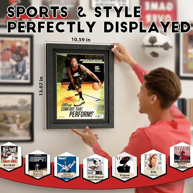 JupDec Sports Magazine Frame 2 Pack, Premium Wood Display Case for 8" x 10.5" Magazines, Wall Mount or Tabletop Stand, Layered Design with Positioning Mat, Perfect for Sports Fans & Home Decor, White