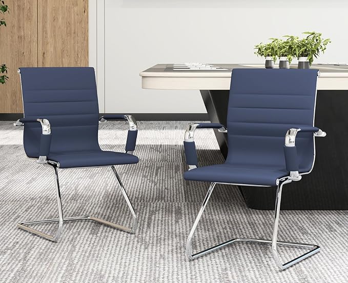 CIMOTA Waiting Room Chairs Leather Office Guest Chair Mid Back Reception Chairs with Sled Base for Meeting/Patient/Conference Room, Navy Set of 8