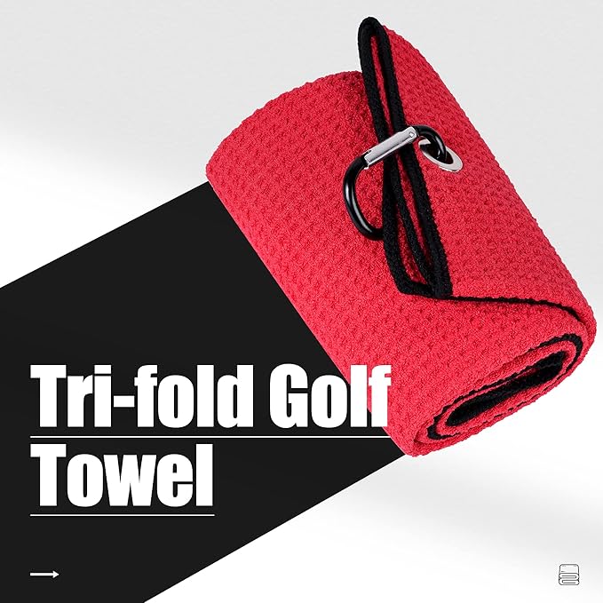 Mile High Life Tri-fold Golf Towel | 16" X 24" | Premium Microfiber Fabric | Waffle Pattern | with Heavy Duty Carabiner Clip | for Men and Women (2 Pack Red)