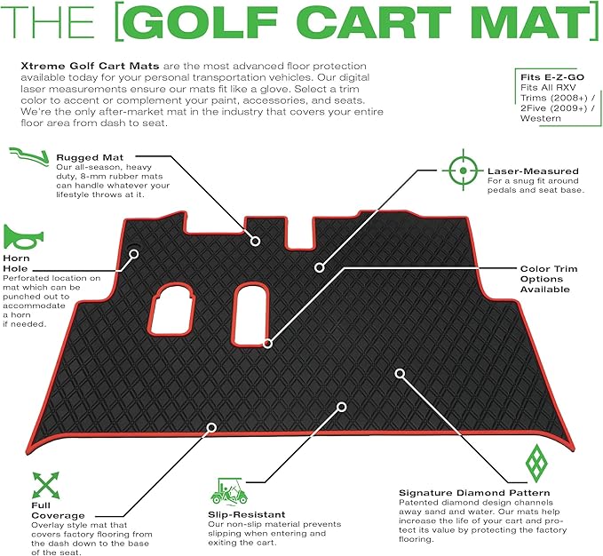 Xtreme Mats EZGO RXV Golf Cart Mat, Full Coverage Golf Cart Floor Liner Mat - Only Fits EZGO RXV (2008-2022) & 2Five (2009+) - Black with Green Trim
