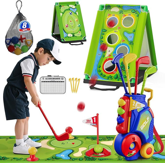 3 in 1 Toddler Golf Set with Putting Mat & Sticky/Golf Game, Kids Golf Club with 8 Balls, 4 Plastic Clubs, Scoreboard, Indoor Outdoor Sport Toys with Golf Cart Gift for Boys Girls Aged 2-5, Blue