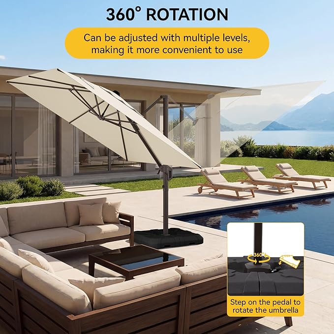 10x10FT Cantilever Outdoor Umbrella, 360° Rotating Large Offset Square Patio - Image 6