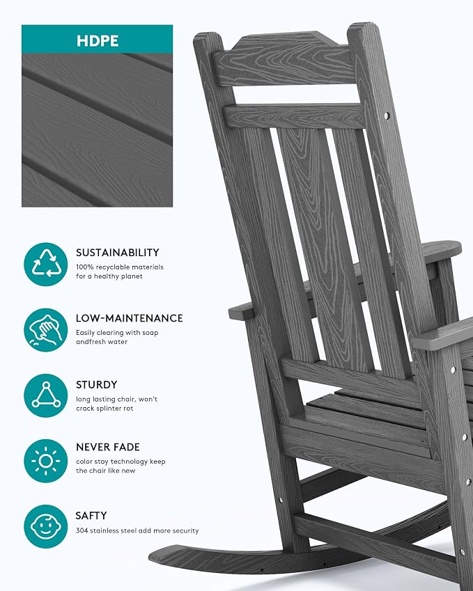 SERWALL HDPE Oversized Outdoor Rocking Chair, Patio Rocking Chair, All Weather - Image 6