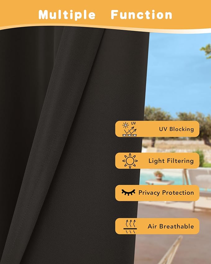 Outdoor Curtains for Patio Waterproof 2 Pcs 54x120 Inch Chocolate | Poolside - Image 3