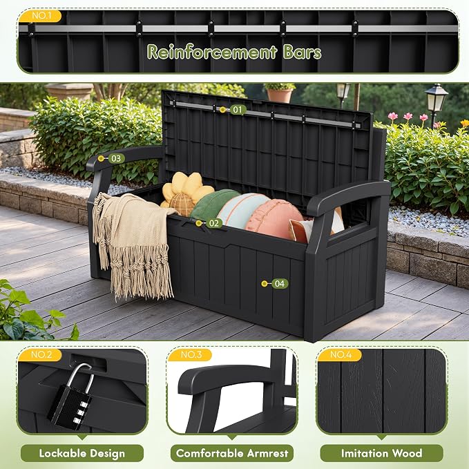 Greesum 80 Gallon Deck Box Storage Bench, Patio Furniture, Dark Black | Lockable - Image 3