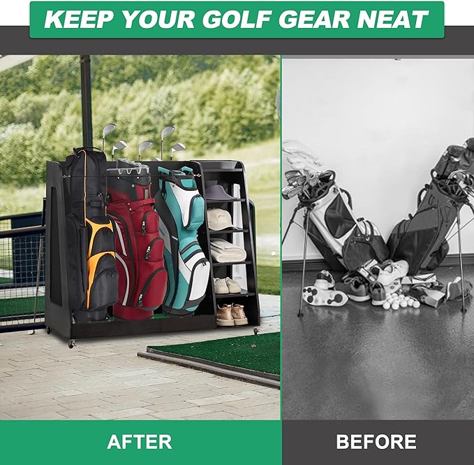 Wooden Golf Bag Organizer and Storage Rack, Accommodate Golf Bags and Golf Clubs/Hockey Sticks, Golf Balls, Inside and Outside The Garage shed Basement