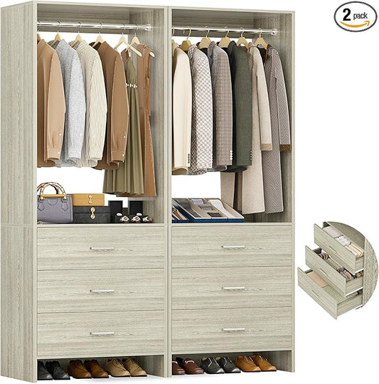 Aheaplus Closet System Closet Organizer, Wood Closet Organizer System, Walk-in Closet or Small Closets Wardrobe, Clothes Rack with Hanging Rods, 4FT Closets, Set of 2, White Oak