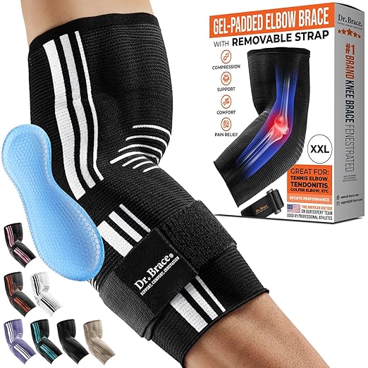 DR. BRACE® Elite Elbow Brace Support, Breathable Elbow Compression Sleeve with Gel Pad for Golfer's, Tennis Elbow & Tendonitis Treatment & Pain Relief 2024 (A Black-White, XX-Large)