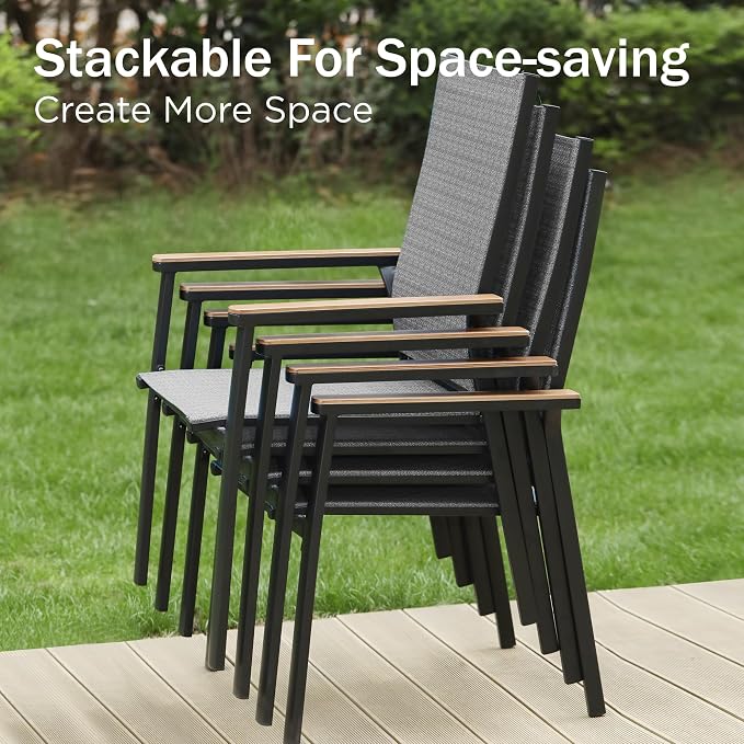 PHI VILLA Outdoor Stackable Dining Chairs Set of 6 w/Aluminum Frame, - Image 4