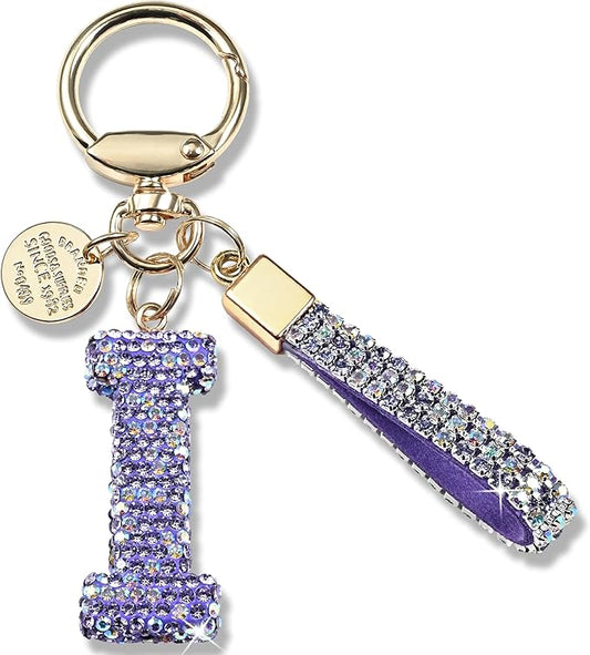 Pink Blue White Initial Letter Keychain Gift for Women Girls Bling Sparkly Cute Backpack Car Key Accessories Lanyard