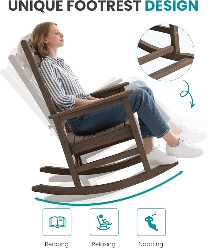 SERWALL Outdoor Rocking Chair Set of 4, Oversized HDPE Rocker, Coffee | - Image 7