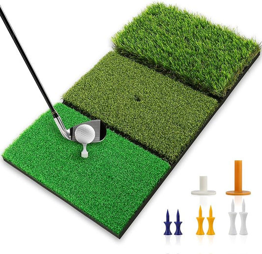 Golf Practice Mat Golf Hitting Mat for Swing, Putting & Chipping | Portable Golf Training Mat Indoor/Outdoor, Dual-Turf/Tri-Turf Golf Mat with 8 Tees