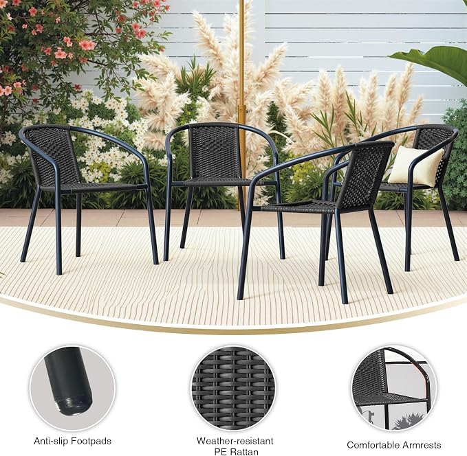 4 Pack Patio Stackable Rattan Chairs, Indoor-Outdoor Restaurant Bistro Wicker - Image 4