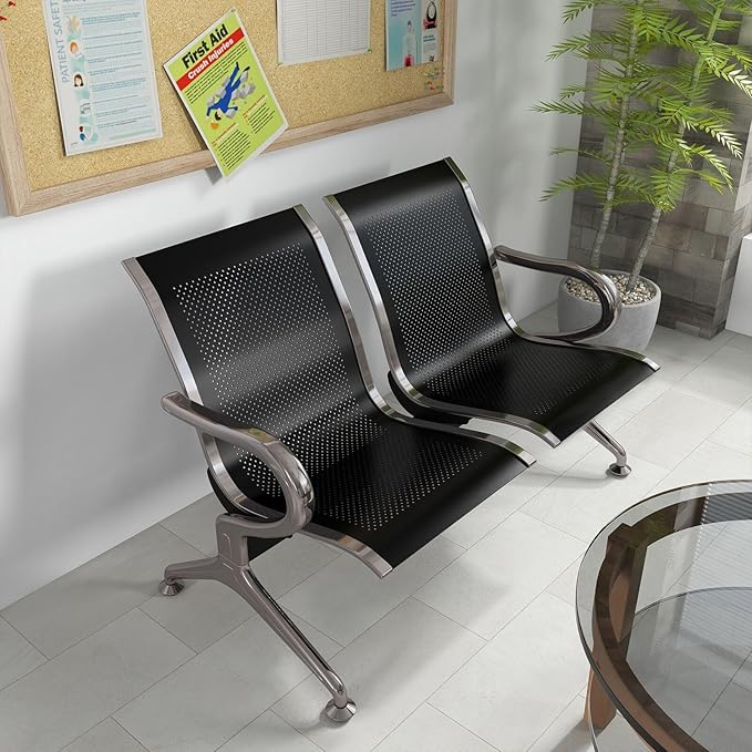kinbor Waiting Room Chairs - 2 Seat Office Guest Chair Waiting Room Bench Furniture with Armrest for Clinic, Bank, Airport, Black
