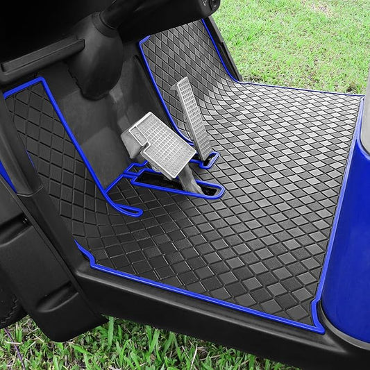 Golf Cart Floor Liner Mat 8mm Thick Rubber Full Coverage Only Fit for 2007-2016 Yamaha Drive (Gen1), G29, YDR, Adventurer Carts Diamond Deluxe Non-Slip Front Feet Mat Replacement - Blue Trim