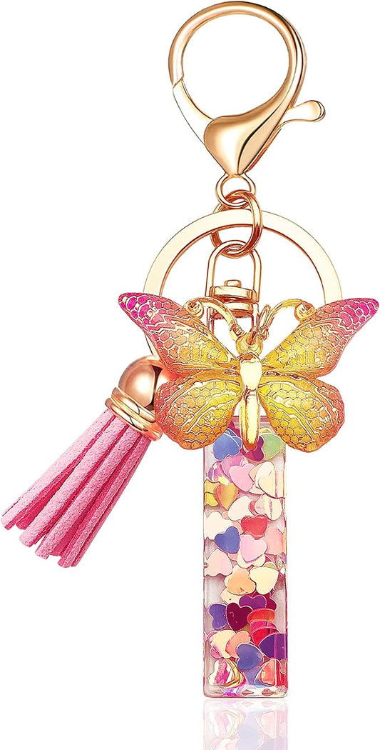 JINGUAZI Initial letter Keychains for Women Tassel Butterfly Pink Purple Cute Car Keychain for Wallet Backpack bag charm