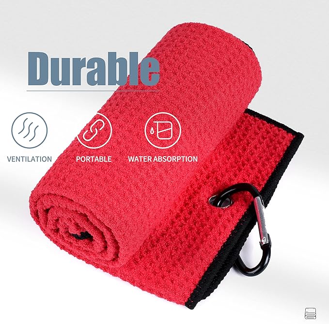 Mile High Life Tri-fold Golf Towel | 16" X 24" | Premium Microfiber Fabric | Waffle Pattern | with Heavy Duty Carabiner Clip | for Men and Women (2 Pack Red)