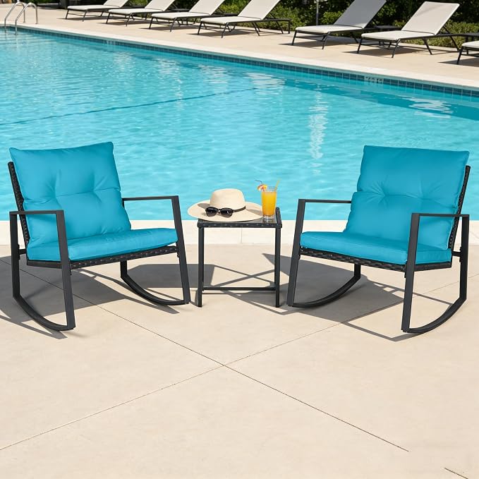 SUNCROWN 3 Piece Outdoor Rocking Bistro Set Black Wicker Furniture Porch Chairs - Image 2