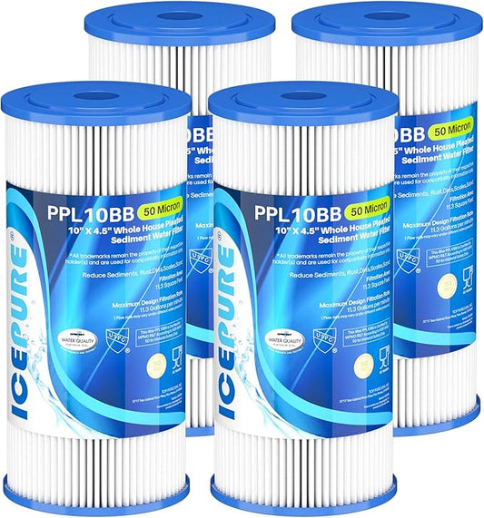 ICEPURE 50 Micron 10" x 4.5" Whole House Extra Coarse Pleated Sediment Filter for Well Water, Replacement Cartridge for GE FXHSC, Culligan R50-BBSA, DuPont WFHDC3001, W50PEHD, R50-BB, 4Pack