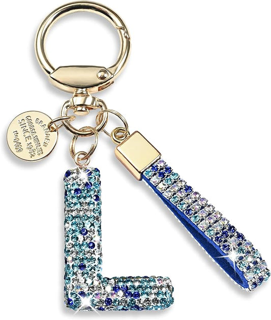 Pink Blue White Initial Letter Keychain Gift for Women Girls Bling Sparkly Cute Backpack Car Key Accessories Lanyard