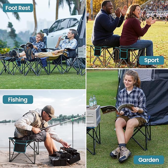 FUNDANGO Oversized Camping Stool for adults, 2 Pack Thick Padded 18.1 Inch Folding Ottoman Foot Rest, 440 Lbs Heavy Duty Outdoor Camp Chairs with Anti-Slip Foots & Carry Bag for Fishing Travel (Black)