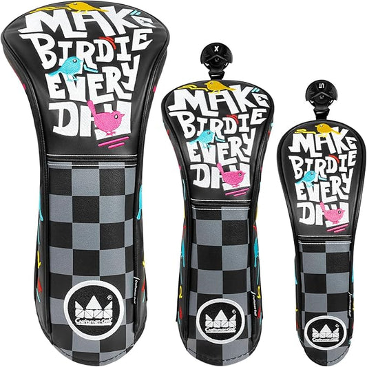Craftsman Golf Make Birdie Everyday Black and Gray Checkers Golf Club Headcover for Woods and Driver Hybrids Irons Protector Putter Covers