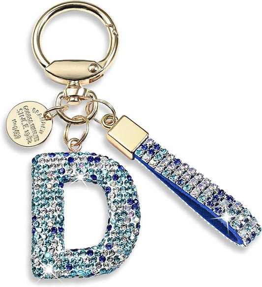 Pink Blue White Initial Letter Keychain Gift for Women Girls Bling Sparkly Cute Backpack Car Key Accessories Lanyard
