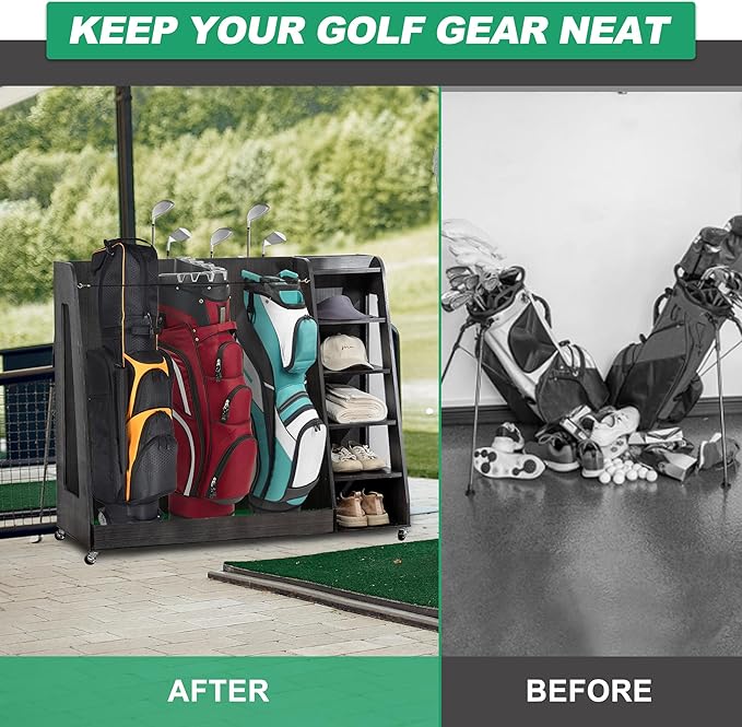 Wooden Golf Bag Organizer and Storage Rack, Accommodate Golf Bags and Golf Clubs/Hockey Sticks, Golf Balls, Inside and Outside The Garage shed Basement