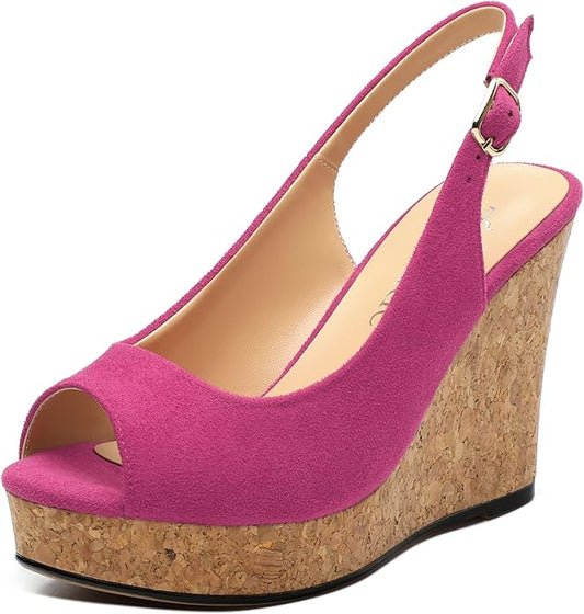 Womens Wedge Platform Sandals Peep Open Toe Slingback Buckle High Heel Dress Shoes Pumps Suede 3.94 Inch