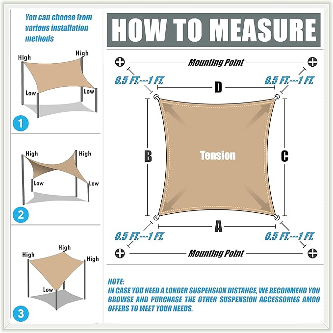 Amgo Custom Size 11' x 12' Black Rectangle Square Sun Shade Sail UPF50+ - Image 6