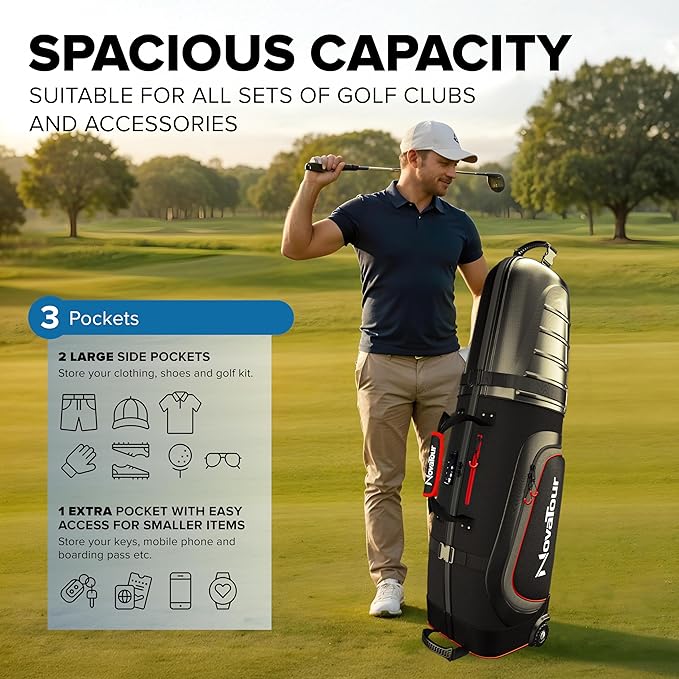 Golf Travel Bag for Airlines: Hard Case Top, Waterproof Zippers, 1680D Oxford Fabric, Built-in TSA Lock, Oversized Tank Wheels, Lightweight, Easy to Maneuver – Maximum Club Protection
