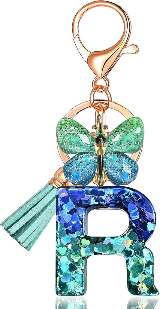 JINGUAZI Initial letter Keychains for Women Tassel Butterfly Pink Purple Cute Car Keychain for Wallet Backpack bag charm
