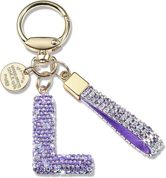 Pink Blue White Initial Letter Keychain Gift for Women Girls Bling Sparkly Cute Backpack Car Key Accessories Lanyard
