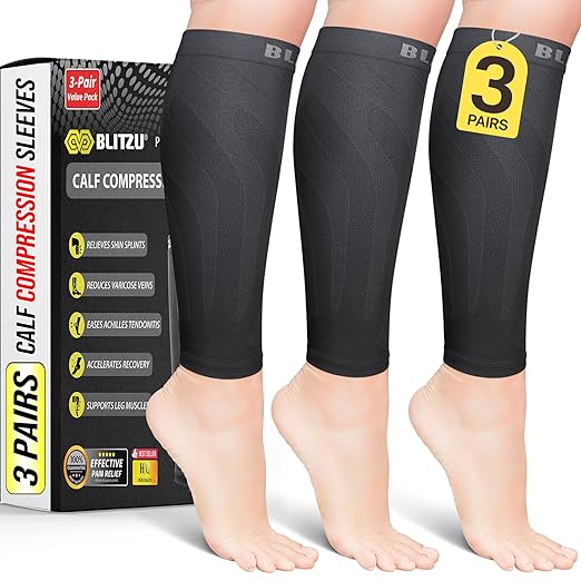 BLITZU 3 Pairs Calf Compression Sleeves for Men and Women. Footless Compression Socks & Leg Support for Running, Travel, Nursing, Fitness. Shin Splints Pain Relief & Reduce Swelling Black S-M
