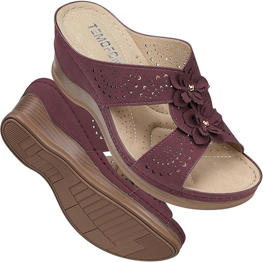 TEMOFON Womens Wedge Sandals Leather: Dressy Sandal, Rubber Sole, Comfortable Walking, Casual Slip on Summer Shoes, Size 5-11