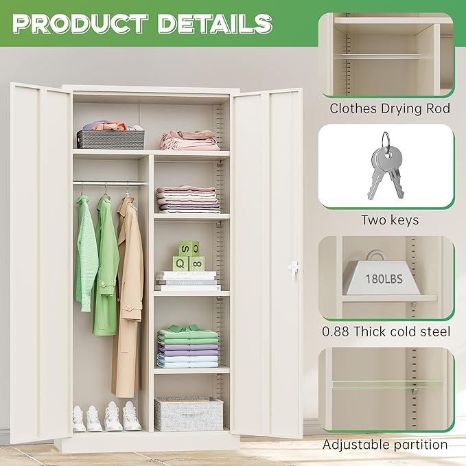 INTERGREAT Metal Wardrobe Closet, 72" Locking Storage Wardrobe Cabinet with Doors and Shelves, 18" D x 36" W Steel Clothes Storage for Office, Home, School, Gym (Warm Grey)