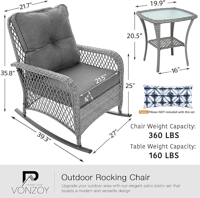 Patio Furniture Set 3 Pieces, Wicker Outdoor Rocking Bistro Set, Backyard or - Image 7