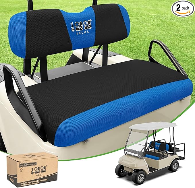 10L0L Golf Cart Seat Covers Kit - Universal Fit for EZGO TXT/RXV Front Seats | Breathable Mesh Fabric | Easy Installation | Black & Blue (No Staples Required)