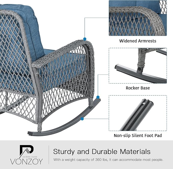 Patio Furniture Set 3 Pieces, Wicker Outdoor Rocking Bistro Set, Backyard or - Image 4