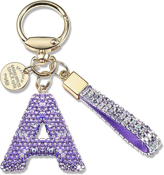Pink Blue White Initial Letter Keychain Gift for Women Girls Bling Sparkly Cute Backpack Car Key Accessories Lanyard