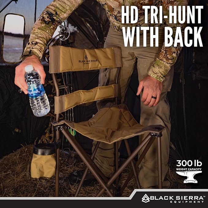Black Sierra HD Tri-Hunt with Back Hunting Stool, Foldable Tripod Seat w/Steel Frame Supports 300 Lbs, Heavy Duty Fishing Chair Features Cup-Holder & Carry Shoulder Strap, for Camping