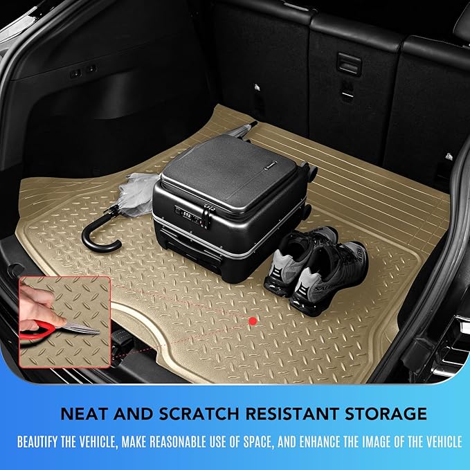 PIC AUTO Trunk Cargo Liner, Heavy Duty Rubber Floor Mats, Trimmable to Fit for Car, SUV, Van, and Trucks – All-Weather, Anti-Slip Backing, Easy to Clean, Durable and Long-Lasting (Large,Beige)