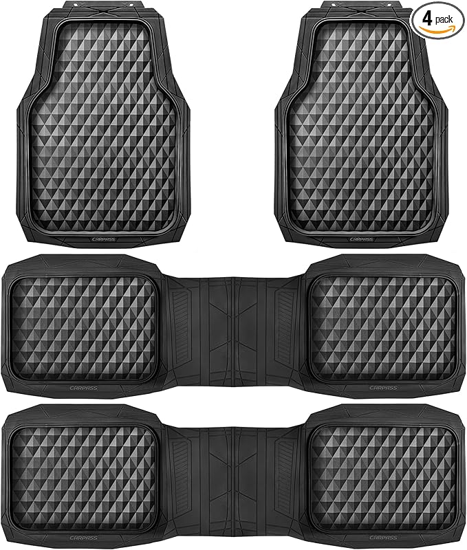 CAR PASS 3 Row Heavy Duty Rubber Car Mats, Deep-Dish All-Weather for 7 Seats 8 Seater 2nd & 3rd Floor Mats Waterproof Universal Trim Fit Liner Van,SUV,7 Passengers Vehicle,Automotive 3D Rhombus Black