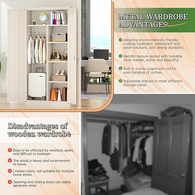Greenvelly Metal Wardrobe Cabinet with Lock Door, 72" Metal Wardrobe Closet with Hanging Rods and Adjustable Shelves, Clothing Storage Closet Cabinet for Home, Office, Employee, Gym (Grey)