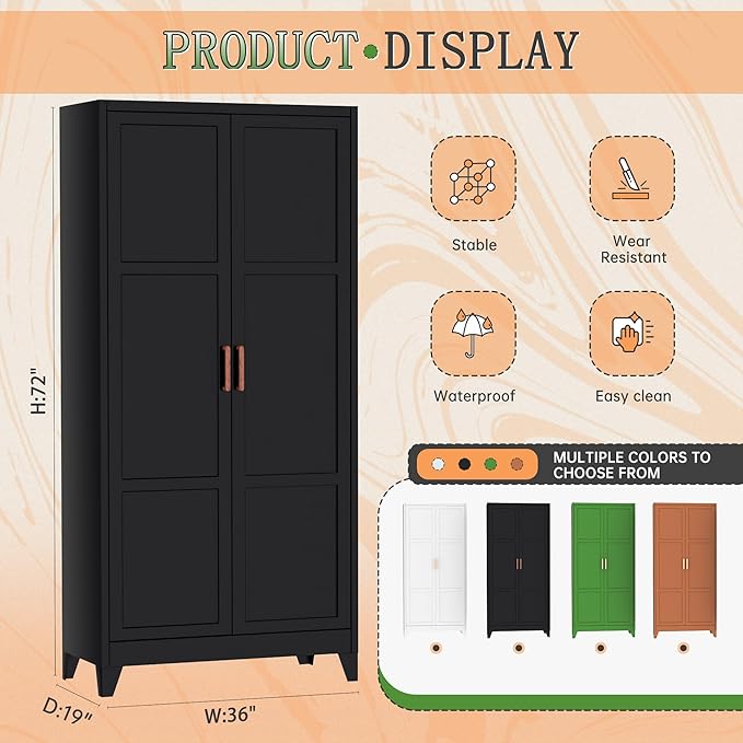 Greenvelly Metal Wardrobe Cabinet, 19" D x 36" W x 72" H Metal Wardrobe Closet with Hanging Rods and Adjustable Shelves,Clothing Storage Closet Cabinet for Bedroom, Cloak Room, Laundry Room (Black)