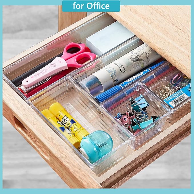 DCA 72 PCS Clear Plastic Drawer Organizers Set, 4-Size Versatile Bathroom and Vanity Organizer Trays, Storage Containers for Makeup, Jewelries, Bedroom，Kitchen Utensils and Office